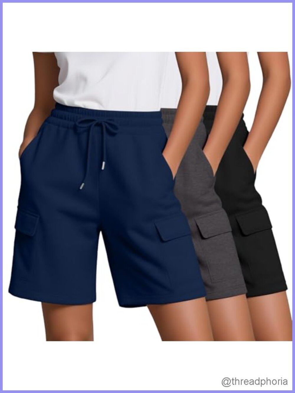 Women's Bermuda Shorts 3 Pack with 4 Pockets Drawstring Elastic Waist Knee